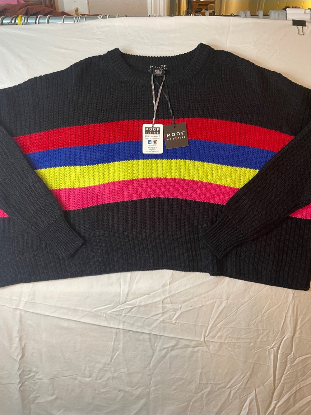 Poof! Black Sweater with Red, Blue,‎ Yellow and Pink Stripes oversized sz s
